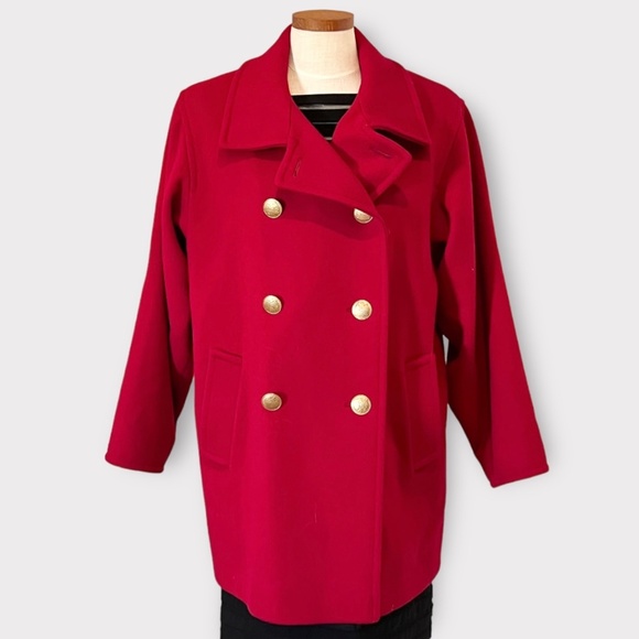 Steve by Searle Red Wool Double Breasted Relaxed Pea Coat with Gold Buttons - Picture 1 of 9